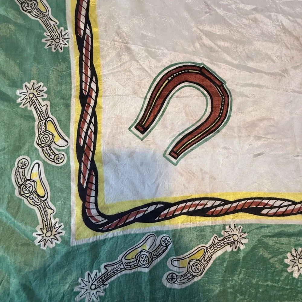 Vintage Scarf Equestrian Horse Horseshoe Green Cream Square Western Cowboy